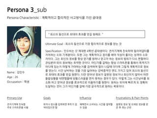 Persona Characteristic : 계획적이고 합리적인 사고방식을 가진 공대생
Name : 김민수
Age : 26
Occupation : 학생
“ 최소의 동선으로 최대의 효과를 얻길 원해요. ”
Primary Use
전자기계에 친숙함
주로 스마트폰을 사용
Influence
헤매면서 소비되는 시간을 절약할
수 있음
Goals
위치나 장소를 입력하면 루트가 검
색되었으면 함
Frustrations & Pain Points
잘못된 정보 및 오래된 정보를 얻
은 후 겪는 곤란
Ultimate Goal : 최소의 동선으로 가장 합리적으로 정보를 얻는 것
Specification : 민수씨는 갓 제대한 4학년 공대생이다. 전자기계에 친숙하며 얼리어댑터를
자처하는 소위 기계광이다. 또한 그는 계획적이고 정리를 해야 직성이 풀리는 성격의 소유
자이다. 그는 최신의 정보를 항상 얻기를 원하나 얻고자 하는 정보의 범위가 다소 편협하다.
관심분야 외의 정보에는 취약한 것이다. 어딘가를 갈때는 항상 스마트폰을 통해서 목적지가
어디에 있는지 어떻게 가야하는지를 검색하며 멀리 나갈때 더더욱 그렇게 계획적으로 정보
를 얻는다. 시간 낭비하는 것을 가장 싫어하는 강박증적인 면도 가지고 있어 최소의 동선으
로 최대의 효과를 얻길 원한다. 다만 얻어낸 정보가 잘못된 정보거나 최신이지 않아서 어떤
돌발상황을 대면했을때 당황스러움을 면치 못하는 경우가 있다. 이렇게 그는 시간낭비를 최
소화 하고 얻어낸 정보를 효과적으로 이용하기를 원한다. 원하는 위치에 빠르게 또 정확히
도달하는 것이 그가 어딘가를 갈때 가장 궁극적으로 원하는 목표이다.
Persona 3_sub
 