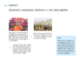 >>
>>
사용자분석
김지숙(여/37), 정호원(남/39), 정연우(여/11) / 가족, 여의도 봄꽃축제
길 양옆으로 늘어진 벚꽃 나무들을
보며 기분이 참 좋았지만 날씨가 추
운 것이 흠이었음. 꽃구경을 마치고
산책길을 지나 공원 아래로 내려와
주차장으로 향함. 퇴근길과 겹쳐서
그 일대가 굉장히 혼잡했음.
봄꽃 축제라고는 하지만 예전처럼 많
은 꽃들을 볼 수는 없었음. 철쭉과 그
둘레에 튤립과 몇가지 화분이 놓여있
었음. 금요일 전날 비가 와서 벚꽃이
좀 떨어져있었지만 만개한 벚꽃을 보
고 기분이 좋아짐.
매화나무가 꽤 심어져 있는데 여러 아
이돌 가수의 나무들이었다. 아직 어
린 나무들이라 매화꽃이 하나 둘 피
어 있어서 조금 아쉬웠음. 발견점
축제 주변 실시간 교통정보나 주
차장 상황을 미리 알수 있는 기능
이 있으면 좋을것 같았음. 시기한
정적인 축제의 경우 진행상황 및
프로그램의 변경사항 등 유동적인
정보를 실시간으로 전달하는 것이
필요하다고 판단. 날씨정보에 관
한 것도 함께 전달하는게 효과적
일 것이라는 생각을 했음.
 