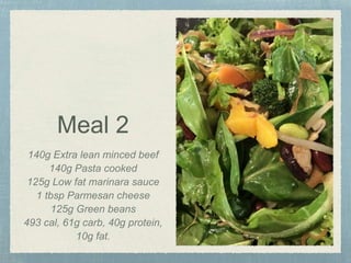 Meal 2
140g Extra lean minced beef
140g Pasta cooked
125g Low fat marinara sauce
1 tbsp Parmesan cheese
125g Green beans
493 cal, 61g carb, 40g protein,
10g fat.
 