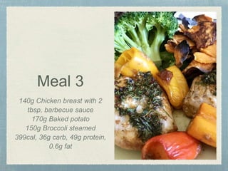 Meal 3
140g Chicken breast with 2
tbsp, barbecue sauce
170g Baked potato
150g Broccoli steamed
399cal, 36g carb, 49g protein,
0.6g fat
 