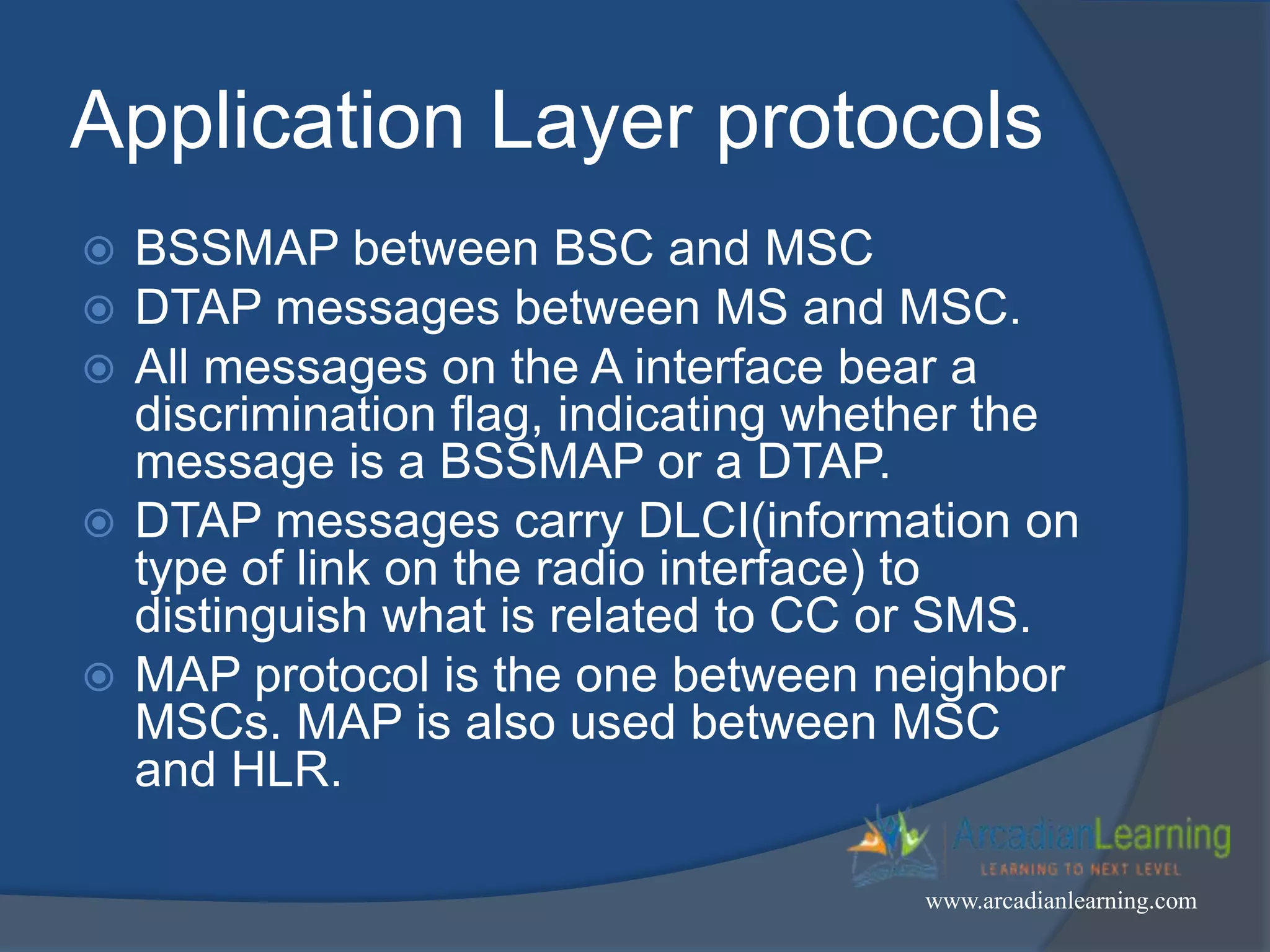 Application Layer protocols
 BSSMAP between BSC and MSC
 DTAP messages between MS and MSC.
 All messages on the A interface bear a
discrimination flag, indicating whether the
message is a BSSMAP or a DTAP.
 DTAP messages carry DLCI(information on
type of link on the radio interface) to
distinguish what is related to CC or SMS.
 MAP protocol is the one between neighbor
MSCs. MAP is also used between MSC
and HLR.
www.arcadianlearning.com
 