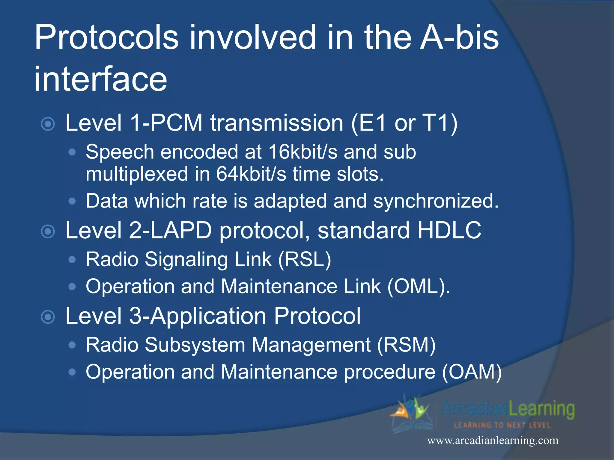 Protocols involved in the A-bis
interface
 Level 1-PCM transmission (E1 or T1)
 Speech encoded at 16kbit/s and sub
multiplexed in 64kbit/s time slots.
 Data which rate is adapted and synchronized.
 Level 2-LAPD protocol, standard HDLC
 Radio Signaling Link (RSL)
 Operation and Maintenance Link (OML).
 Level 3-Application Protocol
 Radio Subsystem Management (RSM)
 Operation and Maintenance procedure (OAM)
www.arcadianlearning.com
 