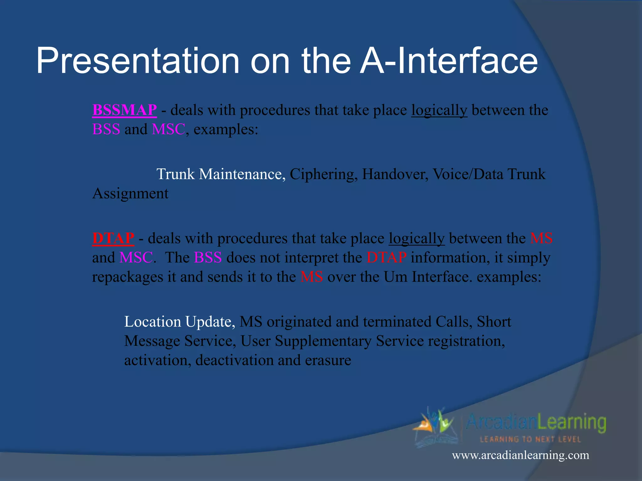 Presentation on the A-Interface
BSSMAP - deals with procedures that take place logically between the
BSS and MSC, examples:
Trunk Maintenance, Ciphering, Handover, Voice/Data Trunk
Assignment
DTAP - deals with procedures that take place logically between the MS
and MSC. The BSS does not interpret the DTAP information, it simply
repackages it and sends it to the MS over the Um Interface. examples:
Location Update, MS originated and terminated Calls, Short
Message Service, User Supplementary Service registration,
activation, deactivation and erasure
www.arcadianlearning.com
 