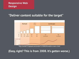 Responsive Web
Design
"Deliver content suitable for the target"
http://sender11.typepad.com/sender11/2008/04/mobile-screen-s.html
(Easy, right? This is from 2008. It’s gotten worse.)
 
