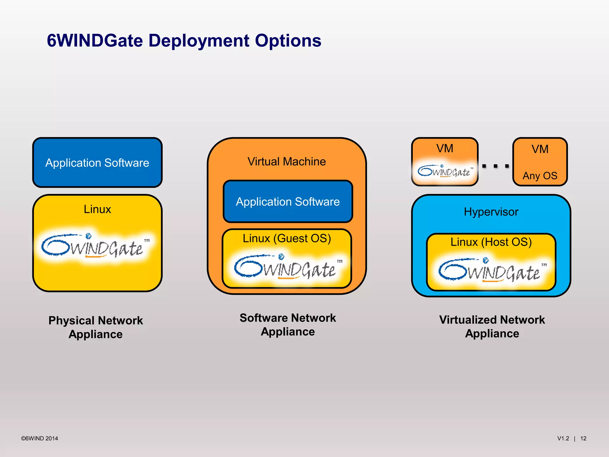 V1.2 | 12©6WIND 2014
6WINDGate Deployment Options
Linux
Application Software
Physical Network
Appliance
Virtual Machine
Linux (Guest OS)
Application Software
Software Network
Appliance
VM
Hypervisor
Linux (Host OS)
Virtualized Network
Appliance
VM
Any OS
…
 