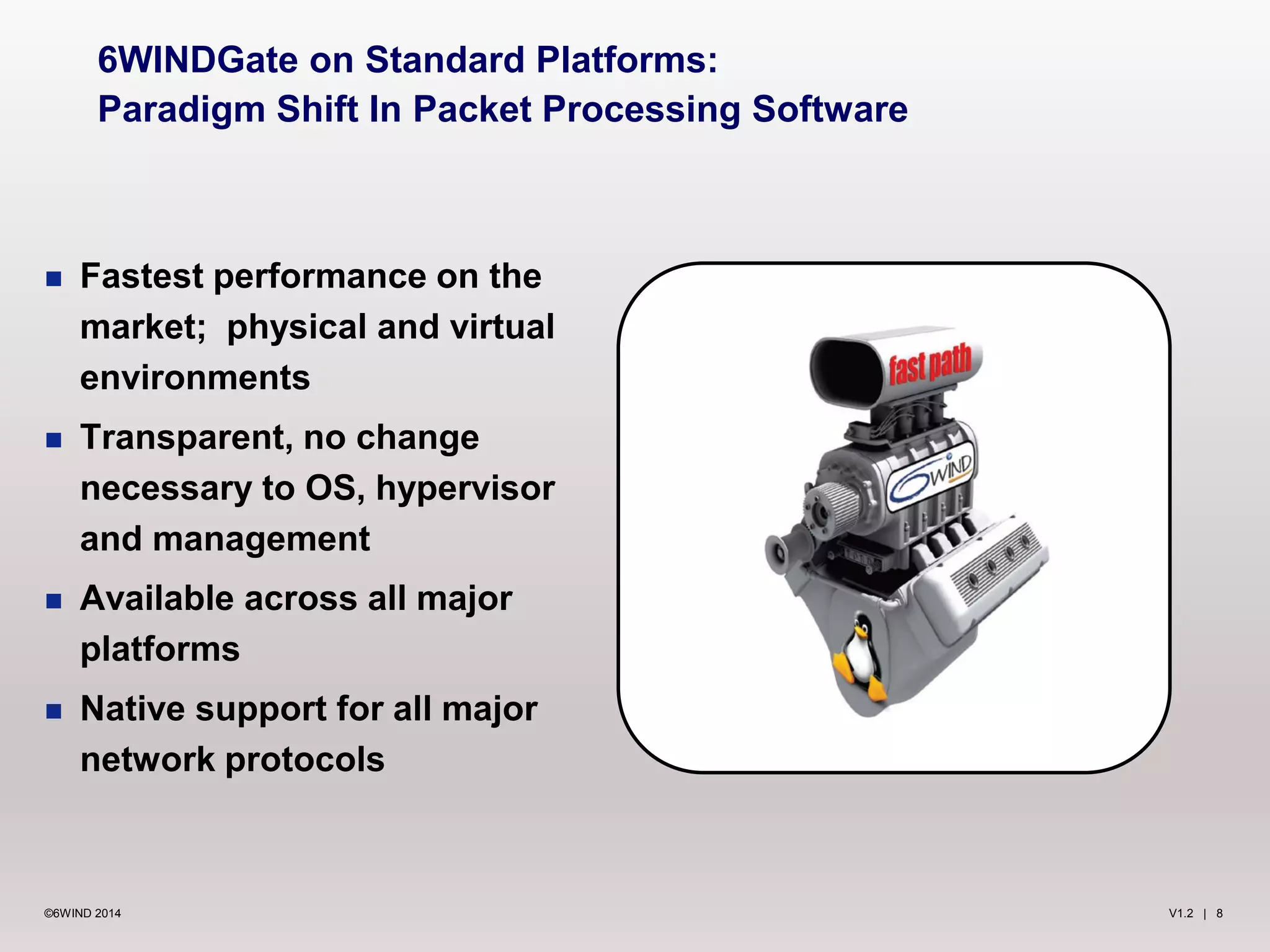 V1.2 | 8©6WIND 2014
 Fastest performance on the
market; physical and virtual
environments
 Transparent, no change
necessary to OS, hypervisor
and management
 Available across all major
platforms
 Native support for all major
network protocols
6WINDGate on Standard Platforms:
Paradigm Shift In Packet Processing Software
 