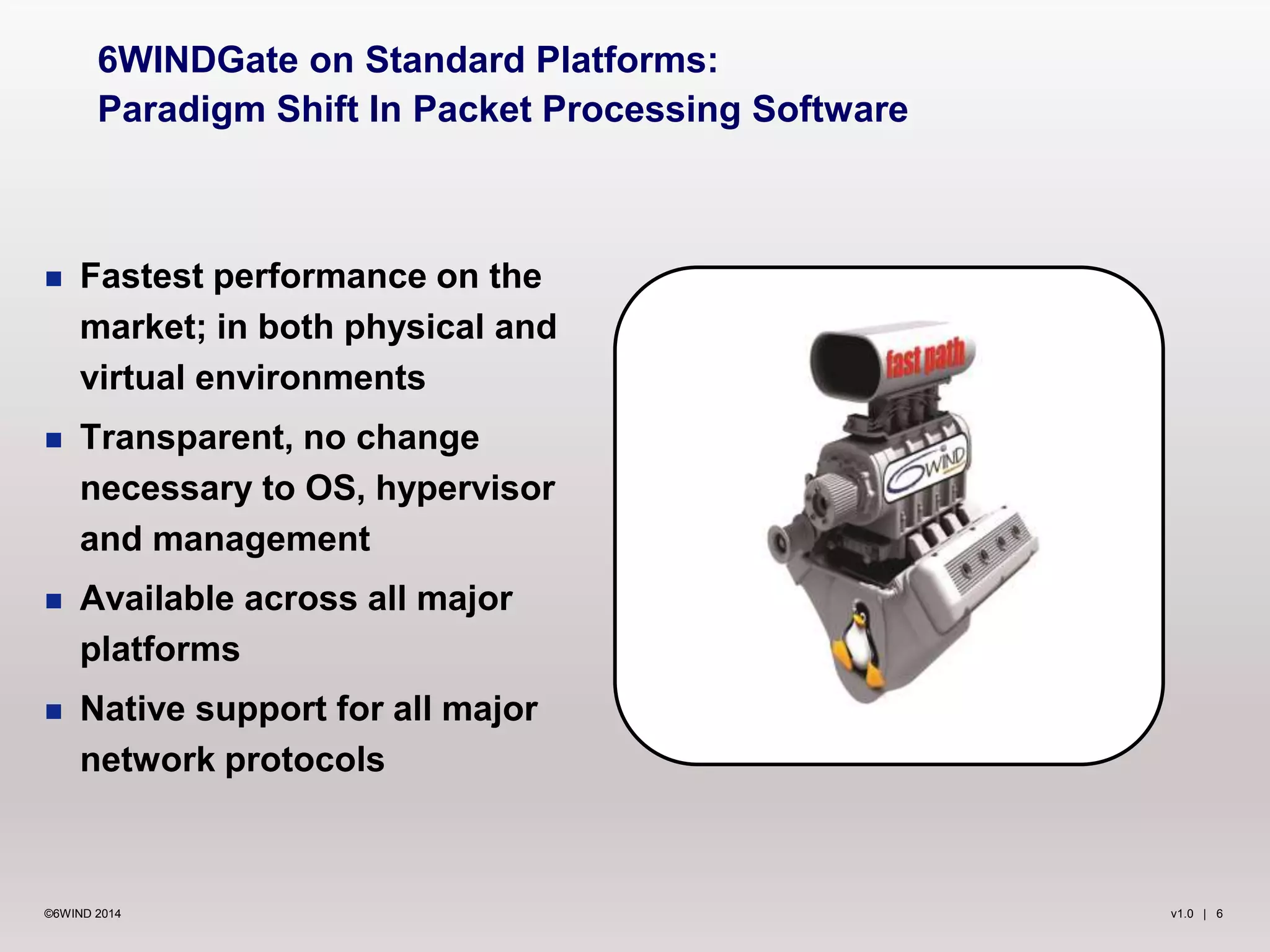 v1.0 | 6©6WIND 2014
 Fastest performance on the
market; in both physical and
virtual environments
 Transparent, no change
necessary to OS, hypervisor
and management
 Available across all major
platforms
 Native support for all major
network protocols
6WINDGate on Standard Platforms:
Paradigm Shift In Packet Processing Software
 