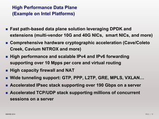 V1.2 | 11©6WIND 2014
 Fast path-based data plane solution leveraging DPDK and
extensions (multi-vendor 10G and 40G NICs, smart NICs, and more)
 Comprehensive hardware cryptographic acceleration (Cave/Coleto
Creek, Cavium NITROX and more)
 High performance and scalable IPv4 and IPv6 forwarding
supporting over 10 Mpps per core and virtual routing
 High capacity firewall and NAT
 Wide tunneling support: GTP, PPP, L2TP, GRE, MPLS, VXLAN…
 Accelerated IPsec stack supporting over 190 Gbps on a server
 Accelerated TCP/UDP stack supporting millions of concurrent
sessions on a server
High Performance Data Plane
(Example on Intel Platforms)
 
