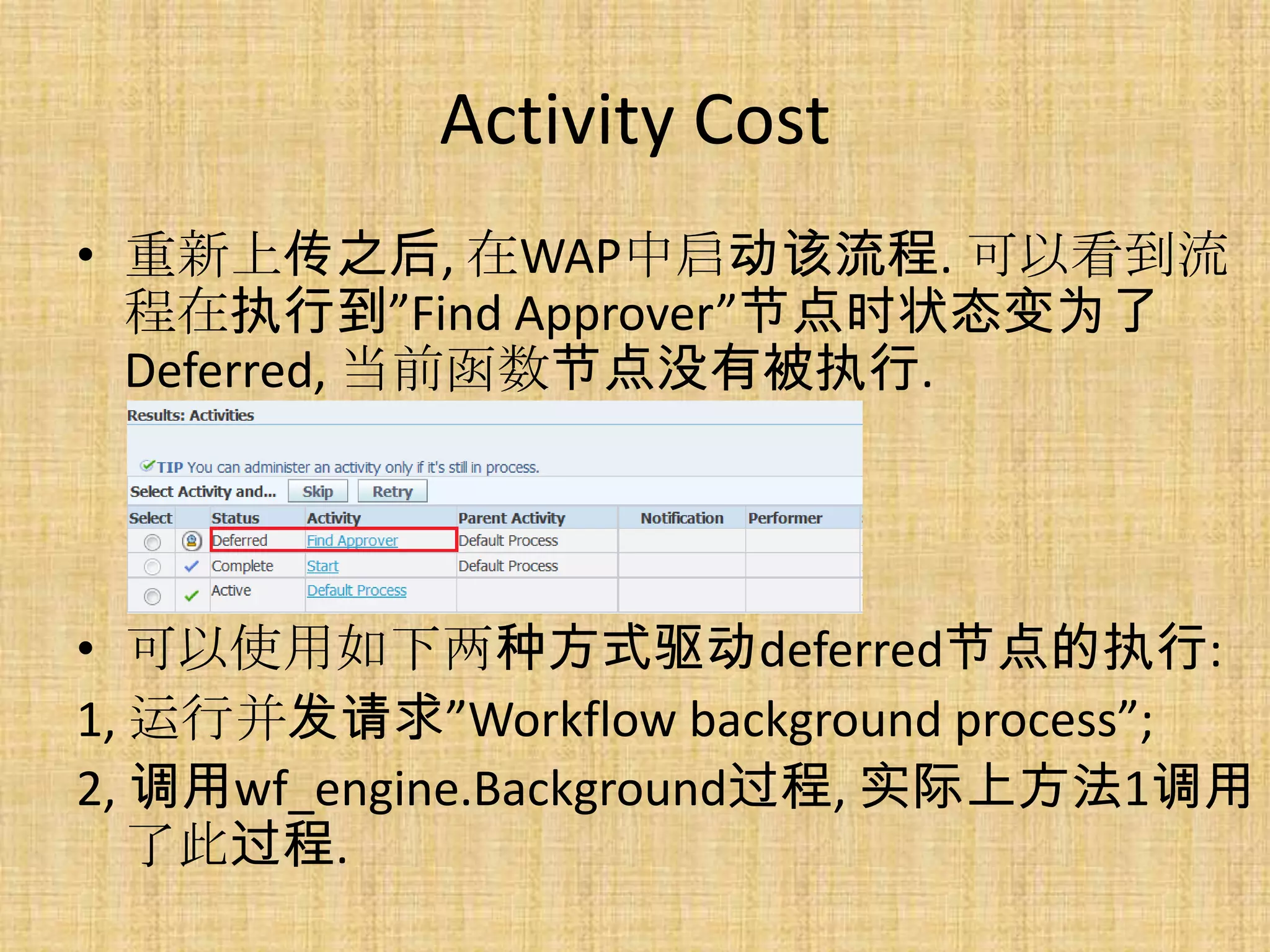 Activity Cost
• 重新上传之后, 在WAP中启动该流程. 可以看到流
  程在执行到”Find Approver”节点时状态变为了
  Deferred, 当前函数节点没有被执行.




• 可以使用如下两种方式驱动deferred节点的执行:
1, 运行并发请求”Workflow background process”;
2, 调用wf_engine.Background过程, 实际上方法1调用
   了此过程.
 