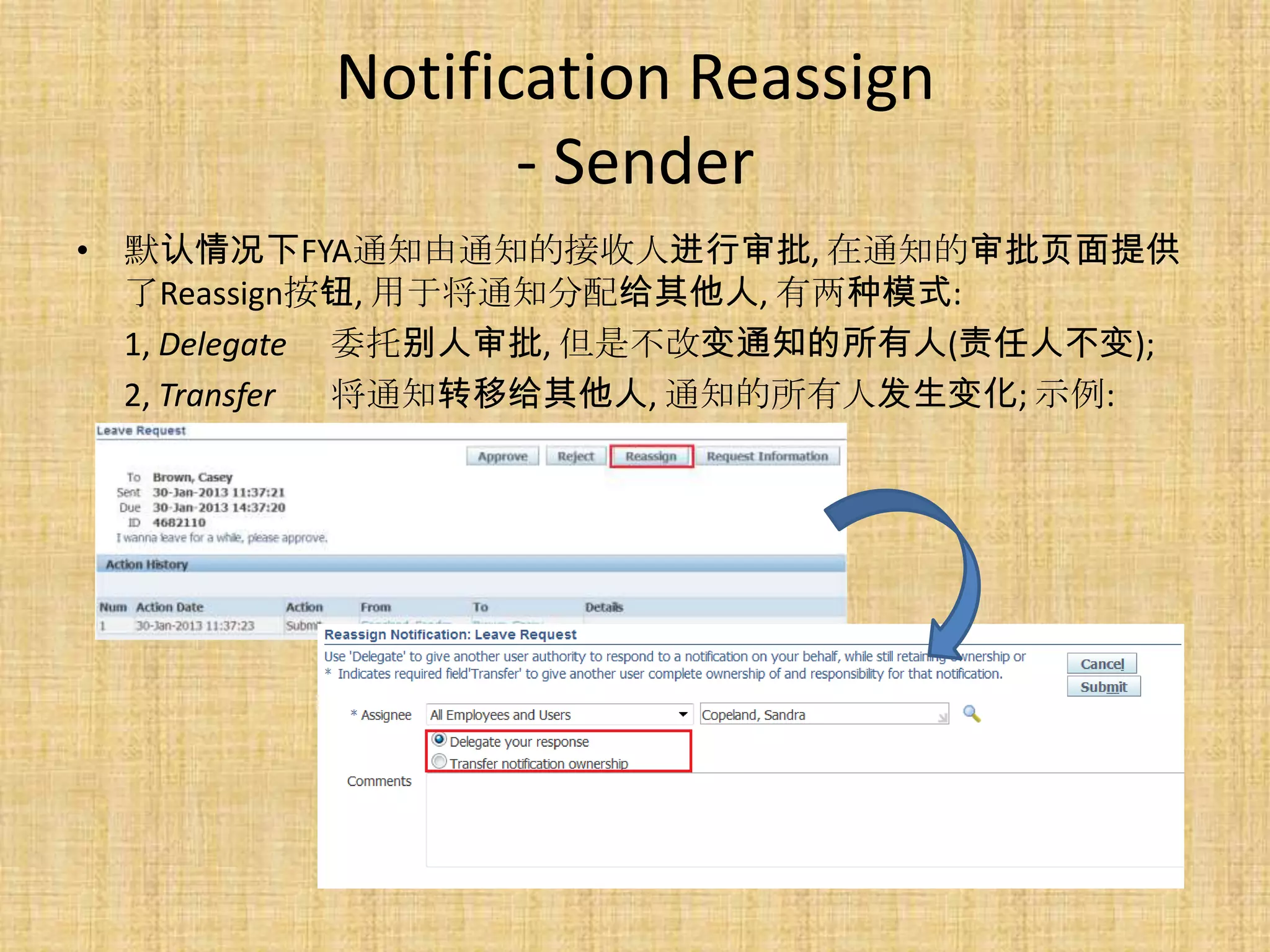 Notification Reassign
                - Sender
• 默认情况下FYA通知由通知的接收人进行审批, 在通知的审批页面提供
  了Reassign按钮, 用于将通知分配给其他人, 有两种模式:
  1, Delegate 委托别人审批, 但是不改变通知的所有人(责任人不变);
  2, Transfer 将通知转移给其他人, 通知的所有人发生变化; 示例:
 