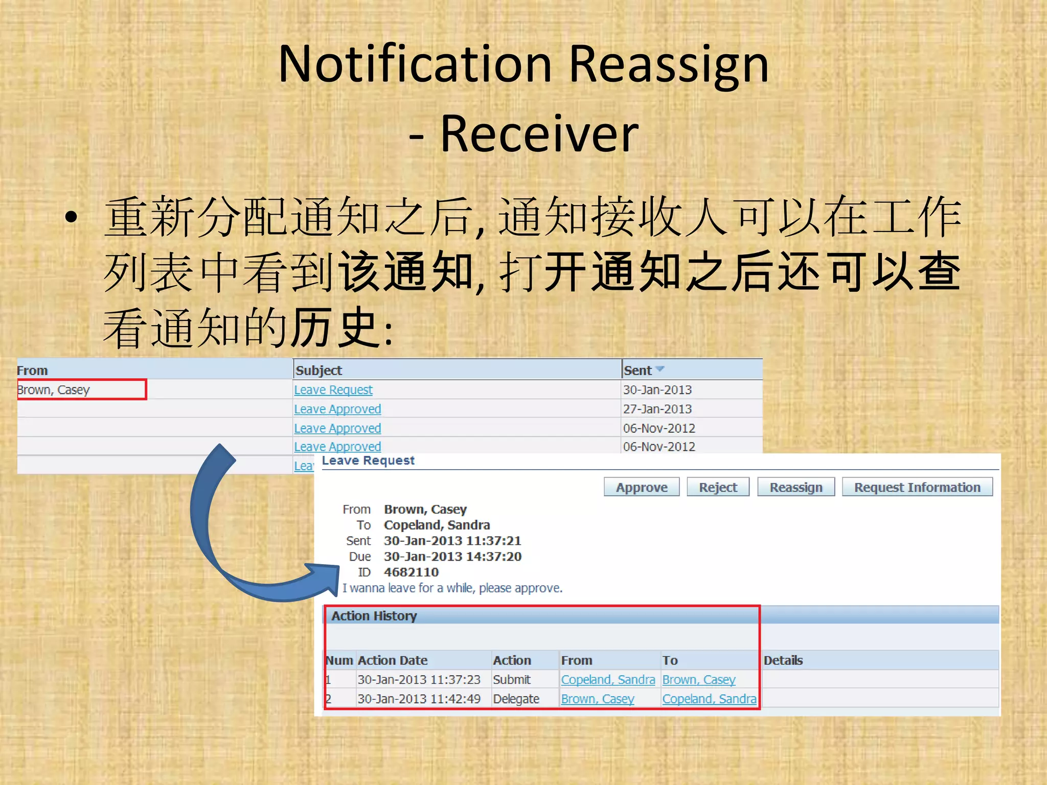 Notification Reassign
           - Receiver
• 重新分配通知之后, 通知接收人可以在工作
  列表中看到该通知, 打开通知之后还可以查
  看通知的历史:
 