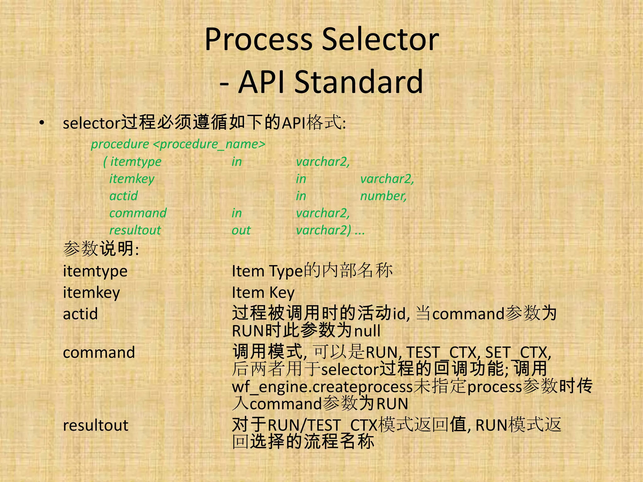 Process Selector
                     - API Standard
• selector过程必须遵循如下的API格式:
    procedure <procedure_name>
      ( itemtype          in     varchar2,
        itemkey                  in         varchar2,
        actid                    in         number,
        command           in     varchar2,
        resultout         out    varchar2) ...
 参数说明:
 itemtype               Item Type的内部名称
 itemkey                Item Key
 actid                  过程被调用时的活动id, 当command参数为
                        RUN时此参数为null
 command                调用模式, 可以是RUN, TEST_CTX, SET_CTX,
                        后两者用于selector过程的回调功能; 调用
                        wf_engine.createprocess未指定process参数时传
                        入command参数为RUN
 resultout              对于RUN/TEST_CTX模式返回值, RUN模式返
                        回选择的流程名称
 