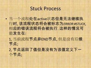 Stuck Process
• 当一个流程处在active状态但是无法继续执
  行时, 该流程状态将会被标志为ERROR:#STUCK,
  相应的错误流程将会被执行. 这样的情况可
  能发生在:
  1, 当前流程节点非END节点, 但是没有后续
  节点;
  2, 节点返回了值但是没有为该值定义下一
  个节点;
 