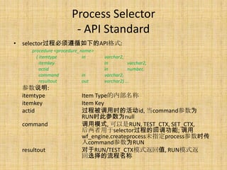 Process Selector
                     - API Standard
• selector过程必须遵循如下的API格式:
    procedure <procedure_name>
      ( itemtype          in     varchar2,
        itemkey                  in         varchar2,
        actid                    in         number,
        command           in     varchar2,
        resultout         out    varchar2) ...
 参数说明:
 itemtype               Item Type的内部名称
 itemkey                Item Key
 actid                  过程被调用时的活动id, 当command参数为
                        RUN时此参数为null
 command                调用模式, 可以是RUN, TEST_CTX, SET_CTX,
                        后两者用于selector过程的回调功能; 调用
                        wf_engine.createprocess未指定process参数时传
                        入command参数为RUN
 resultout              对于RUN/TEST_CTX模式返回值, RUN模式返
                        回选择的流程名称
 