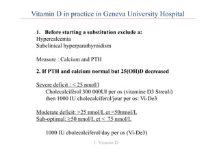 Vitamin D in practice in Geneva University Hospital
1.  Before starting a substitution exclude a:
Hypercalcemia
Subclinical hyperparathyroidism
Measure : Calcium and PTH
2. If PTH and calcium normal but 25(OH)D decreased
Severe deficit : < 25 nmol/l
Cholecalciférol 300 000UI per os (vitamine D3 Streuli)
then 1000 IU cholecalciferol/jour per os: Vi-De3
Moderate deficit: >25 nmol/L et <50nmol/L
Sub-optimal: ≥50 nmol/L et < 75 nmol/L
1000 IU cholecalciferol/day per os (Vi-De3)
	
  
1. Vitamin D
 