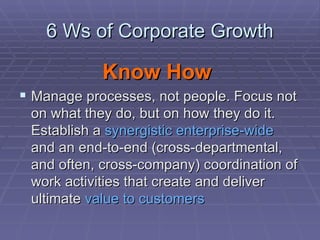 6 Ws of Corporate Growth Know How   Manage processes, not people. Focus not on what they do, but on how they do it. Establish a  synergistic   enterprise-wide  and an end-to-end (cross-departmental, and often, cross-company) coordination of work activities that create and deliver ultimate  value to customers 