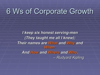 6 Ws of Corporate Growth I keep six honest serving-men   (They taught me all I knew);  Their names are  What  and  Why  and  When   And  How  and  Where  and  Who . –  Rudyard Kipling 