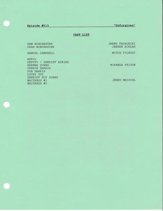 Episode #613 "uttfclqlYeBl
CAST LIST
SAM WINCHESTER
DEAN WINCHESTER
SAMUEL CAMPBELL
APRIL
DEPUTY / SUNNTTF ATKINS
BRENNA DOBBS
DEBBIE HARRIS
DON HARRIS
LUCKY GUY
SHERIFF ROY DOBBS
WAITRESS #1
WAITRESS #2
JARED PADALECKI
JENSEN ACKLES
MITCH P]LEGGI
MIRANDA FRIGON
JENNY MEISCHL
 
