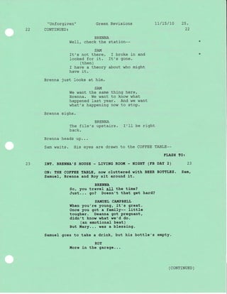 " Unforgiven "
22 CONTINUED:
Green Revisions Lt/15/t0 25.
22
BRENNA
WelI, check the station--
SAM
It's not there. I broke in and
Iooked for it. It's gone.
(then)
I have a theory about who might
have it.
Brenna just looks at him.
SAM
We want the same thing here,
Brenna. We want to know what
happened last year. And we want
what' s happenj-ng now to stop.
Brenna sighs.
BRENNA
The file's upstairs. I'II be right
back.
Brenna heads up...
Sam waits. His eyes are drawn to the COFFEE TABLE--
FLASH TO:
23 TNT. BRENNA'S HOUSE - I,IVING ROOTII - NIGHT (TB DAY 2) 23
ON: THE COEEEE TABIJE, Do,t cluttered with BEER BOTTLES. Sam,
Samuel, Brenna and Roy sit around it.
BRENNA
So, you travel all the time?
Just... go? Doesn't that get hard?
SAMUEI, CATTTPBEIJIJ
When you're young, it' s great.
Once you got a famlly-- little
tougher. Deanna got pregnant,
didn't know what we'd do.
(an emotional beat)
But Mary... was a blessing.
Samuel goes to take a drink, but his bottle's empty.
ROY
More in the garage...
( coNrrNUED )
r
- -l
 