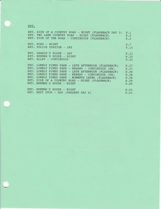 EXT.
EXT. SrDE OF A COUNTRY ROAD - NIGHT (FLASHBACK DAy 3)
EXT. TWO LANE COUNTRY ROAD _ NrcHT (FLASHBACK)
EXT. SrDE OF THE ROAD - CONTTNUOUS (FLASHBACK)
EXT. ROAD _ NIGHT
EXT. POLICE STATTON _ DAY
EXT. DEBBIE'S HOUSE _ DAY
EXT. BRENNA'S HOUSE _ NIGHT
EXT. ALLEY _ CONTINUOUS
EXT. LONELY prNES PARK - LATE AETERNOON (FLASHBACK)
EXT. LONELY PINES PARK - NEARBY _ CONTTNUOUS (FB)
EXT. LONELY prNES PARK - LATE AETERNOON (FLASHBACK)
EXT. LONELY PINES PARK - NEARBY - CONTINUOUS (FB)
EXT. LONELY PINES PARK - MOMENTS LATER (FLASHBACK)
EXT. SIDE OF A COUNTRY ROAD - NrcHT (FLASHBACK)
EXT. BRENNA'S HOUSE _ NIGHT
EXT. BRENNA'S HOUSE _ NIGHT
EXT. REST STOP - DAY (PRESENT DAY 4)
D1
D)
D)
P.7
D 1E
E r LJ
D a')
P.30
P.30
D 21
P.37
P.38
D ?O
P.39
P.45
D RA
P.50
 