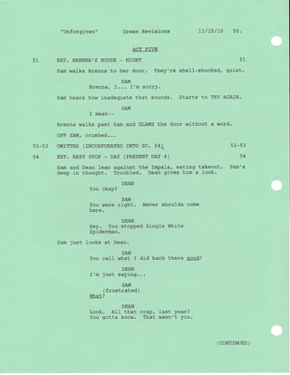 "Unforgiven" Green Revisions 1l/l5/70 50.
ACT FIVE
51 EXT. BRENNA'S HOUSE _ NIGHT 51
Sam walks Brenna to her door. They're she1l-shocked, quiet.
SAM
Brenna | 1... I'm sorry.
Sam hears how j-nadequate that sounds. Starts to TRY AGAIN.
SA}{
I mean--
Brenna walks past Sam and SLAMS the door without a word.
OFE SAM, crushed...
52-53 OMTTTED (TNCORPORATED rNTO SC. 54 s2-53
54 EXT. REST STOP - DAY (PRESENT DAY 4) 54
Sam and Dean lean against the Impala, eating takeout. Sam's
deep in thought. Troubled. Dean gives him a look.
DEAN
You okay?
SAM
You were right. Never shoulda come
'l.raro
DEAN
Hey. You stopped Single White
Spiderman.
Sam just looks at Dean.
SAM
You call what I did back there good?
DEAN
I'm just saying. ..
SAM
( frustrated )
What?
DEAN
Look. AII that crapf last year?
You gotta know. That wasn't You.
( CONTTNUED )
- -l
 