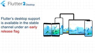 Desktop
Flutter’s desktop support
is available in the stable
channel under an early
release flag
 