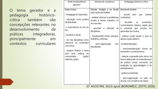 O tema gerador e a
pedagogia histórico-
crítica também são
concepções relevantes no
desenvolvimento de
práticas integradoras,
principalmente em
contextos curriculares
(D’ AGOSTINI, 2013) apud (BOROWICC; ZOTTI, 2018)
 