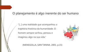 O planejamento é algo inerente do ser humano
“[...] uma realidade que acompanhou a
trajetória histórica da humanidade. O
homem sempre sonhou, pensou e
imaginou algo na sua vida.”
(MENEGOLLA, SAN’TANNA, 2001, p.15)
 