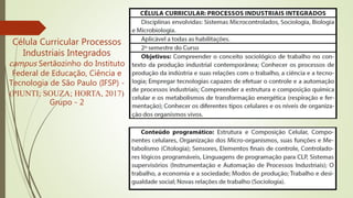 Célula Curricular Processos
Industriais Integrados
campus Sertãozinho do Instituto
Federal de Educação, Ciência e
Tecnologia de São Paulo (IFSP) -
(PIUNTI; SOUZA; HORTA, 2017)
Grupo - 2
 