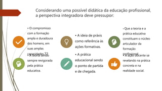 Considerando uma possível didática da educação profissional,
a perspectiva integradora deve pressupor:
• O compromisso
com a formação
ampla e duradoura
dos homens, em
suas amplas
capacidades.72
• A ideia de práxis
como referência às
ações formativas.
• Que a teoria e a
prática educativa
constituam o núcleo
articulador da
formação
profissional.• A teoria sendo
sempre revigorada
pela prática
educativa.
• A prática
educacional sendo
o ponto de partida
e de chegada.
• A ação docente se
revelando na prática
concreta e na
realidade social.
 