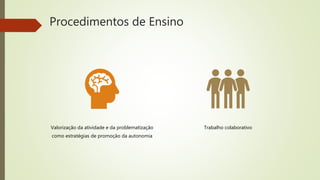 Procedimentos de Ensino
Valorização da atividade e da problematização
como estratégias de promoção da autonomia
Trabalho colaborativo
 