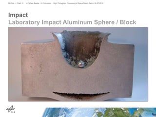 Impact
Laboratory Impact Aluminum Sphere / Block
> PyData Seattle > A. Schreiber • High-Throughput Processing of Space Debris Data > 26.07.2015DLR.de • Chart 15
 