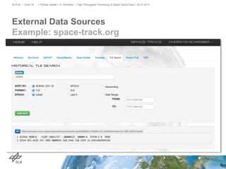 External Data Sources
Example: space-track.org
> PyData Seattle > A. Schreiber • High-Throughput Processing of Space Debris Data > 26.07.2015DLR.de • Chart 33
 