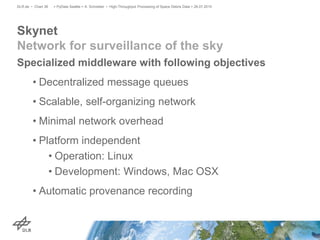 Specialized middleware with following objectives
• Decentralized message queues
• Scalable, self-organizing network
• Minimal network overhead
• Platform independent
• Operation: Linux
• Development: Windows, Mac OSX
• Automatic provenance recording
Skynet
Network for surveillance of the sky
> PyData Seattle > A. Schreiber • High-Throughput Processing of Space Debris Data > 26.07.2015DLR.de • Chart 36
 