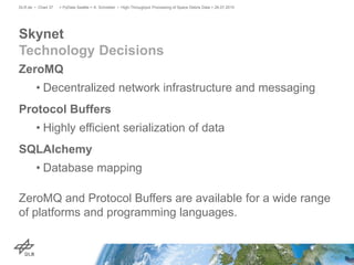 ZeroMQ
• Decentralized network infrastructure and messaging
Protocol Buffers
• Highly efficient serialization of data
SQLAlchemy
• Database mapping
ZeroMQ and Protocol Buffers are available for a wide range
of platforms and programming languages.
Skynet
Technology Decisions
> PyData Seattle > A. Schreiber • High-Throughput Processing of Space Debris Data > 26.07.2015DLR.de • Chart 37
 