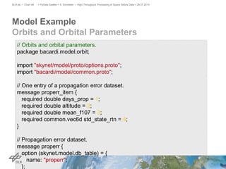 // Orbits and orbital parameters.
package bacardi.model.orbit;
import "skynet/model/proto/options.proto";
import "bacardi/model/common.proto";
// One entry of a propagation error dataset.
message properr_item {
required double days_prop = 1;
required double altitude = 2;
required double mean_f107 = 3;
required common.vec6d std_state_rtn = 4;
}
// Propagation error dataset.
message properr {
option (skynet.model.db_table) = {
name: "properr";
};
Model Example
Orbits and Orbital Parameters
> PyData Seattle > A. Schreiber • High-Throughput Processing of Space Debris Data > 26.07.2015DLR.de • Chart 46
 