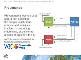 Provenance is defined as a
record that describes
the people, institutions,
entities, and activities
involved in producing,
influencing, or delivering
a piece of data or a thing.
(W3C Provenance Working Group,
http://www.w3.org/2011/prov)
Provenance
> PyData Seattle > A. Schreiber • High-Throughput Processing of Space Debris Data > 26.07.2015DLR.de • Chart 51
Agent
Entity Activity
used
wasGeneratedBy
wasDerivedFrom
wasStartedBy
wasEndedBy
wasAssociatedWith
actedOnBehalfOf
 