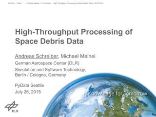 High-Throughput Processing of
Space Debris Data
Andreas Schreiber, Michael Meinel
German Aerospace Center (DLR)
Simulation and Software Technology,
Berlin / Cologne, Germany
PyData Seattle
July 26, 2015
> PyData Seattle > A. Schreiber • High-Throughput Processing of Space Debris Data > 26.07.2015DLR.de • Chart 1
 
