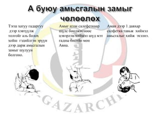 Тэгш хатуу гадаргуу 
дээр хэвтүүлж 
толгойг аль болох 
хойш гэдийлгэн эрүүн 
дээр дарж амьсгалын 
замыг шулуун 
болгоно. 
Амыг нээн салефеткаар 
шүлс бөөлжиснөөс 
цэвэрлэн хиймэл шүд мэт 
гадны биеийг мөн 
Авна. 
Аман дээр 1 давхар 
салфетка тавьж хиймэл 
амьсгалыг хийж эхэлнэ. 
 