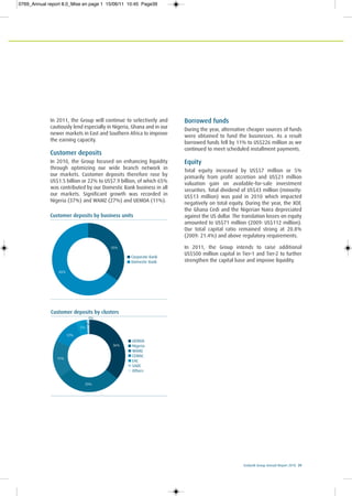 Ecobank Group Annual Report 2010 39
In 2011, the Group will continue to selectively and
cautiously lend especially in Nigeria, Ghana and in our
newer markets in East and Southern Africa to improve
the earning capacity.
Customer deposits
In 2010, the Group focused on enhancing liquidity
through optimizing our wide branch network in
our markets. Customer deposits therefore rose by
US$1.5 billion or 22% to US$7.9 billion, of which 65%
was contributed by our Domestic Bank business in all
our markets. Significant growth was recorded in
Nigeria (37%) and WAMZ (27%) and UEMOA (11%).
Borrowed funds
During the year, alternative cheaper sources of funds
were obtained to fund the businesses. As a result
borrowed funds fell by 11% to US$226 million as we
continued to meet scheduled installment payments.
Equity
Total equity increased by US$57 million or 5%
primarily from profit accretion and US$21 million
valuation gain on available-for-sale investment
securities. Total dividend of US$43 million (minority:
US$13 million) was paid in 2010 which impacted
negatively on total equity. During the year, the XOF,
the Ghana Cedi and the Nigerian Naira depreciated
against the US dollar. The translation losses on equity
amounted to US$71 million (2009: US$112 million).
Our total capital ratio remained strong at 20.8%
(2009: 21.4%) and above regulatory requirements.
In 2011, the Group intends to raise additional
US$500 million capital in Tier-1 and Tier-2 to further
strengthen the capital base and improve liquidity.
Customer deposits by business units
35%
65%
Corporate Bank
Domestic Bank
Customer deposits by clusters
36%
17%
12%
5%
1%
0%
29%
UEMOA
Nigeria
WAMZ
CEMAC
EAC
SADC
Others
0769_Annual report 8.0_Mise en page 1 15/06/11 10:45 Page39
 
