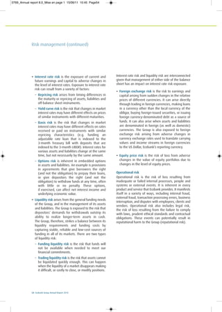 54 Ecobank Group Annual Report 2010
Risk management (continued)
• Interest rate risk is the exposure of current and
future earnings and capital to adverse changes in
the level of interest rates. Exposure to interest rate
risk can result from a variety of factors:
– Repricing risk arises from timing differences in
the maturity or repricing of assets, liabilities and
off-balance sheet instruments.
– Yield curve risk is the risk that changes in market
interest rates may have different effects on prices
of similar instruments with different maturities.
– Basis risk is the risk that changes in market
interest rates may have different effects on rates
received or paid on instruments with similar
repricing characteristics (e.g. funding an
adjustable rate loan that is indexed to the
3-month Treasury bill with deposits that are
indexed to the 3-month LIBOR). Interest rates for
various assets and liabilities change at the same
time, but not necessarily by the same amount.
– Options risk is inherent in embedded options
in assets and liabilities. An example is provisions
in agreements that give borrowers the right
(and not the obligation) to prepay their loans,
or give depositors the right (and not the
obligation) to withdraw funds at any time, often
with little or no penalty. These options,
if exercised, can affect net interest income and
underlying economic value.
• Liquidity risk arises from the general funding needs
of the Group, and in the management of its assets
and liabilities. The Group is exposed to the risk that
depositors’ demands for withdrawals outstrip its
ability to realize longer-term assets in cash.
The Group, therefore, strikes a balance between its
liquidity requirements and funding costs by
capturing stable, reliable and low-cost sources of
funding in all of its markets. There are two types
of liquidity risk:
– Funding liquidity risk is the risk that funds will
not be available when needed to meet our
financial commitments.
– Trading liquidity risk is the risk that assets cannot
be liquidated quickly enough. This can happen
when the liquidity of a market disappears making
it difficult, or costly to close, or modify positions.
Interest rate risk and liquidity risk are interconnected
given that management of either side of the balance
sheet has an impact on interest rate risk exposure.
• Foreign exchange risk is the risk to earnings and
capital arising from sudden changes in the relative
prices of different currencies. It can arise directly
through trading in foreign currencies, making loans
in a currency other than the local currency of the
obligor, buying foreign-issued securities, or issuing
foreign currency-denominated debt as a source of
funds. It can also arise when assets and liabilities
are denominated in foreign (as well as domestic)
currencies. The Group is also exposed to foreign
exchange risk arising from adverse changes in
currency exchange rates used to translate carrying
values and income streams in foreign currencies
to the US Dollar, Ecobank’s reporting currency.
• Equity price risk is the risk of loss from adverse
changes in the value of equity portfolios due to
changes in the level of equity prices.
Operational risk
Operational risk is the risk of loss resulting from
inadequate or failed internal processes, people and
systems or external events. It is inherent in every
product and service that Ecobank provides. It manifests
itself in a variety of ways, including internal fraud,
external fraud, transaction processing errors, business
interruption, and disputes with employees, clients and
vendors. Operational risk also includes legal risk,
the risk of loss resulting from the failure to comply
with laws, prudent ethical standards and contractual
obligations. These events can potentially result in
reputational harm to the Group (reputational risk).
0769_Annual report 8.0_Mise en page 1 15/06/11 10:45 Page54
 