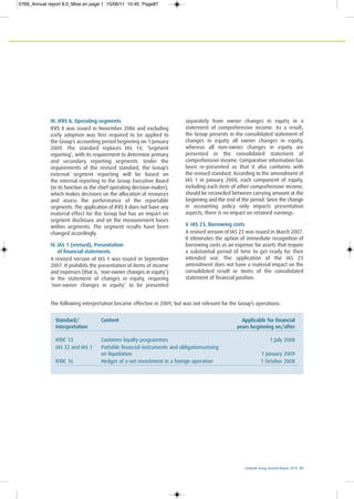 Ecobank Group Annual Report 2010 87
III. IFRS 8, Operating segments
IFRS 8 was issued in November 2006 and excluding
early adoption was first required to be applied to
the Group’s accounting period beginning on 1 January
2009. The standard replaces IAS 14, ‘Segment
reporting’, with its requirement to determine primary
and secondary reporting segments. Under the
requirements of the revised standard, the Group’s
external segment reporting will be based on
the internal reporting to the Group Executive Board
(in its function as the chief operating decision-maker),
which makes decisions on the allocation of resources
and assess the performance of the reportable
segments. The application of IFRS 8 does not have any
material effect for the Group but has an impact on
segment disclosure and on the measurement bases
within segments. The segment results have been
changed accordingly.
IV. IAS 1 (revised), Presentation
of financial statements
A revised version of IAS 1 was issued in September
2007. It prohibits the presentation of items of income
and expenses (that is, ‘non-owner changes in equity’)
in the statement of changes in equity, requiring
‘non-owner changes in equity’ to be presented
separately from owner changes in equity in a
statement of comprehensive income. As a result,
the Group presents in the consolidated statement of
changes in equity all owner changes in equity,
whereas all non-owner changes in equity are
presented in the consolidated statement of
comprehensive income. Comparative information has
been re-presented so that it also conforms with
the revised standard. According to the amendment of
IAS 1 in January 2008, each component of equity,
including each item of other comprehensive income,
should be reconciled between carrying amount at the
beginning and the end of the period. Since the change
in accounting policy only impacts presentation
aspects, there is no impact on retained earnings.
V. IAS 23, Borrowing costs
A revised version of IAS 23 was issued in March 2007.
It eliminates the option of immediate recognition of
borrowing costs as an expense for assets that require
a substantial period of time to get ready for their
intended use. The application of the IAS 23
amendment does not have a material impact on the
consolidated result or items of the consolidated
statement of financial position.
The following interpretation became effective in 2009, but was not relevant for the Group’s operations:
Standard/ Content Applicable for financial
Interpretation years beginning on/after
IFRIC 13 Customer loyalty programmes 1 July 2008
IAS 32 and IAS 1 Puttable financial instruments and obligationsarising
on liquidation 1 January 2009
IFRIC 16 Hedges of a net investment in a foreign operation 1 October 2008
0769_Annual report 8.0_Mise en page 1 15/06/11 10:45 Page87
 