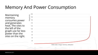 IMAGECON 2017
Memory And Power Consumption
Maintaining
memory
consumes power
and generates
heat. The sites to
the left of the
graph use far less
power than the
sites on the right.
-
20
40
60
80
100
120
140
160
180
200
Megabytes
5000 sites’ image memory utilization
 