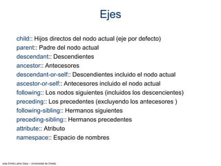 Jose Emilio Labra Gayo – Universidad de Oviedo
Ejes
child:: Hijos directos del nodo actual (eje por defecto)
parent:: Padre del nodo actual
descendant:: Descendientes
ancestor:: Antecesores
descendant-or-self:: Descendientes incluido el nodo actual
ascestor-or-self:: Antecesores incluido el nodo actual
following:: Los nodos siguientes (incluidos los descencientes)
preceding:: Los precedentes (excluyendo los antecesores )
following-sibling:: Hermanos siguientes
preceding-sibling:: Hermanos precedentes
attribute:: Atributo
namespace:: Espacio de nombres
 