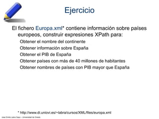 Jose Emilio Labra Gayo – Universidad de Oviedo
Ejercicio
El fichero Europa.xml* contiene información sobre países
europeos, construir expresiones XPath para:
Obtener el nombre del continente
Obtener información sobre España
Obtener el PIB de España
Obtener países con más de 40 millones de habitantes
Obtener nombres de países con PIB mayor que España
* http://www.di.uniovi.es/~labra/cursos/XML/files/europa.xml
 