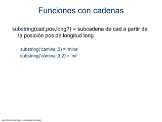 Jose Emilio Labra Gayo – Universidad de Oviedo
Funciones con cadenas
substring(cad,pos,long?) = subcadena de cad a partir de
la posición pos de longitud long
substring(‘camina‘,3) = ‘mina‘
substring(‘camina‘,3,2) = ‘mi‘
 
