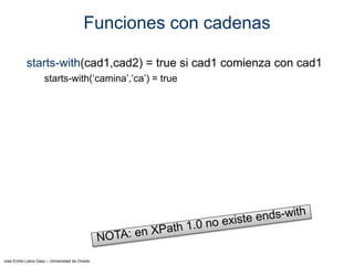 Jose Emilio Labra Gayo – Universidad de Oviedo
Funciones con cadenas
starts-with(cad1,cad2) = true si cad1 comienza con cad1
starts-with(‘camina’,’ca’) = true
 