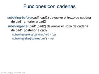 Jose Emilio Labra Gayo – Universidad de Oviedo
Funciones con cadenas
substring-before(cad1,cad2) devuelve el trozo de cadena
de cad1 anterior a cad2
substring-after(cad1,cad2) devuelve el trozo de cadena
de cad1 posterior a cad2
substring-before(‘camina’,’mi’) = ‘ca’
substring-after(‘camina’,’mi’) = ‘na’
 