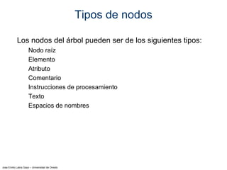 Jose Emilio Labra Gayo – Universidad de Oviedo
Tipos de nodos
Los nodos del árbol pueden ser de los siguientes tipos:
Nodo raíz
Elemento
Atributo
Comentario
Instrucciones de procesamiento
Texto
Espacios de nombres
 