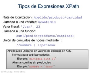 Jose Emilio Labra Gayo – Universidad de Oviedo
Tipos de Expresiones XPath
Ruta de localización: /pedido/producto/cantidad
Llamada a una variable: $cantidad
Valor literal: 'Juan', 23
Llamada a una función:
sum(/pedido/producto/cantidad)
Unión de conjuntos de nodos mediante | :
//nombre | //persona
XPath suele utilizarse en valores de atributos en XML
Normas para codificar cadenas
Ejemplo: “cantidad < 10”
Alternar comillas simples/dobles
Ejemplo: “nombre = ‘Juan’”
 